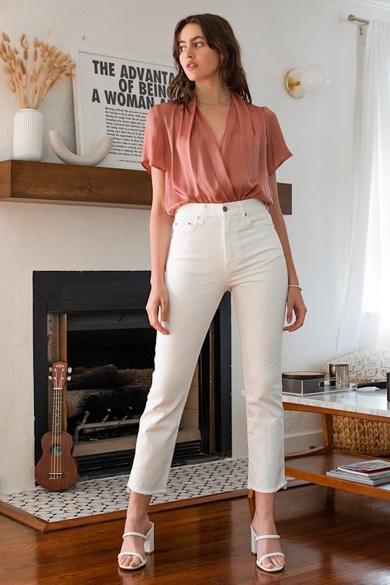 Bonjour Mon Amour Rusty Rose Satin Surplice Bodysuit 1