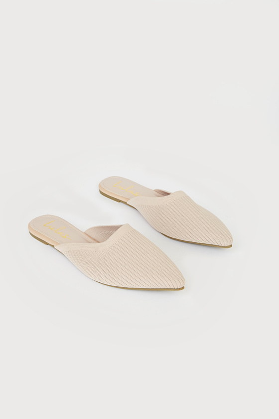 Jeaney Light Nude Ribbed Knit Pointed-Toe Mule Slides 5