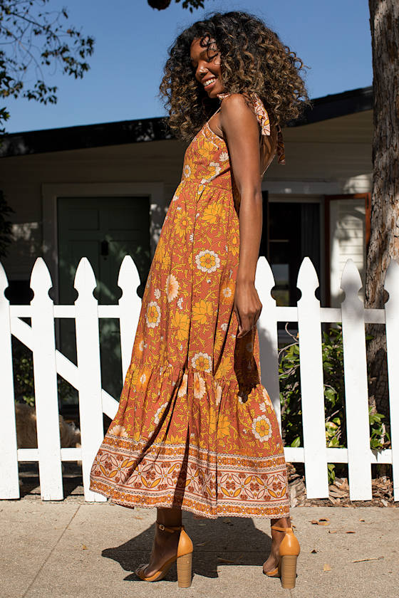 In a Groove Rust Brown Floral Print Tie-Strap Midi Dress 3
