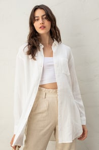 Easy To See White Oversized Button-Up Top