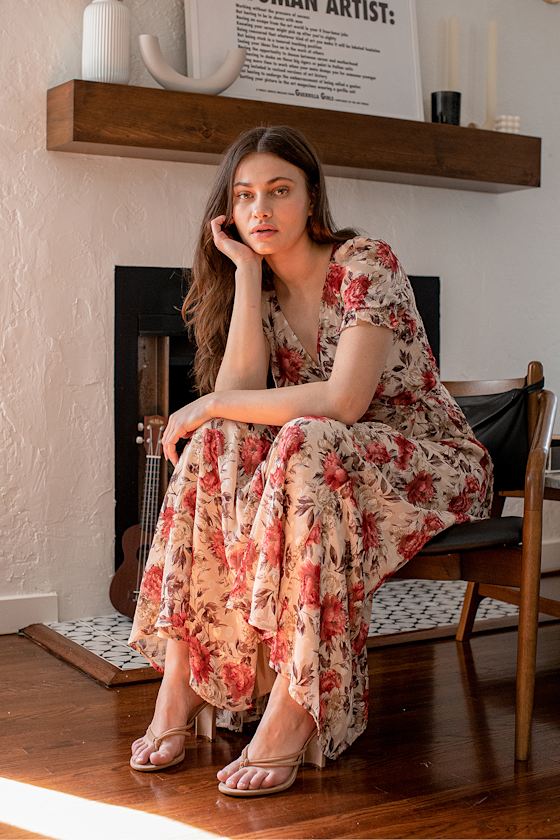 Beautiful Interlude Beige Floral Print Jacquard Wrap Maxi Dress 5