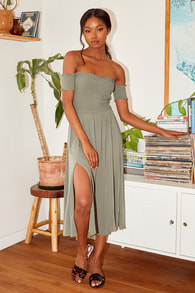 View from the Meadow Olive Green Off-the-Shoulder Dress