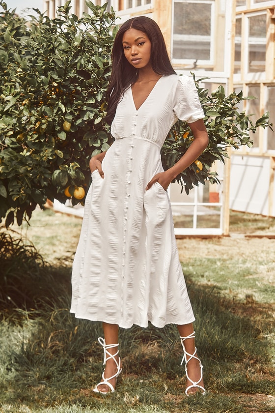 Wonderful Whims White Puff Sleeve Button Front Midi Dress
