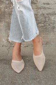 Jeaney Light Nude Ribbed Knit Pointed-Toe Mule Slides