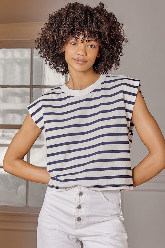 Basic Upgrade Navy Blue Striped Crew Neck Muscle Tank Top 5