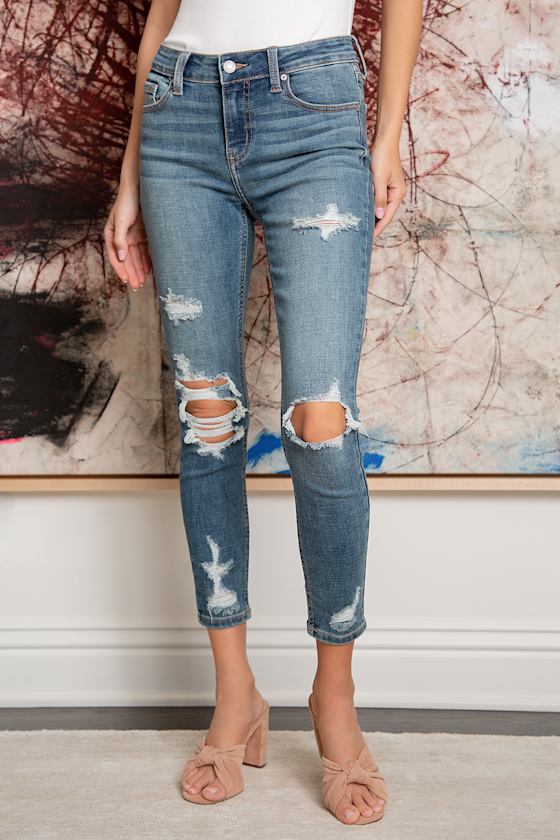 Josie Medium Wash Distressed Mid Rise Cropped Skinny Jeans 6