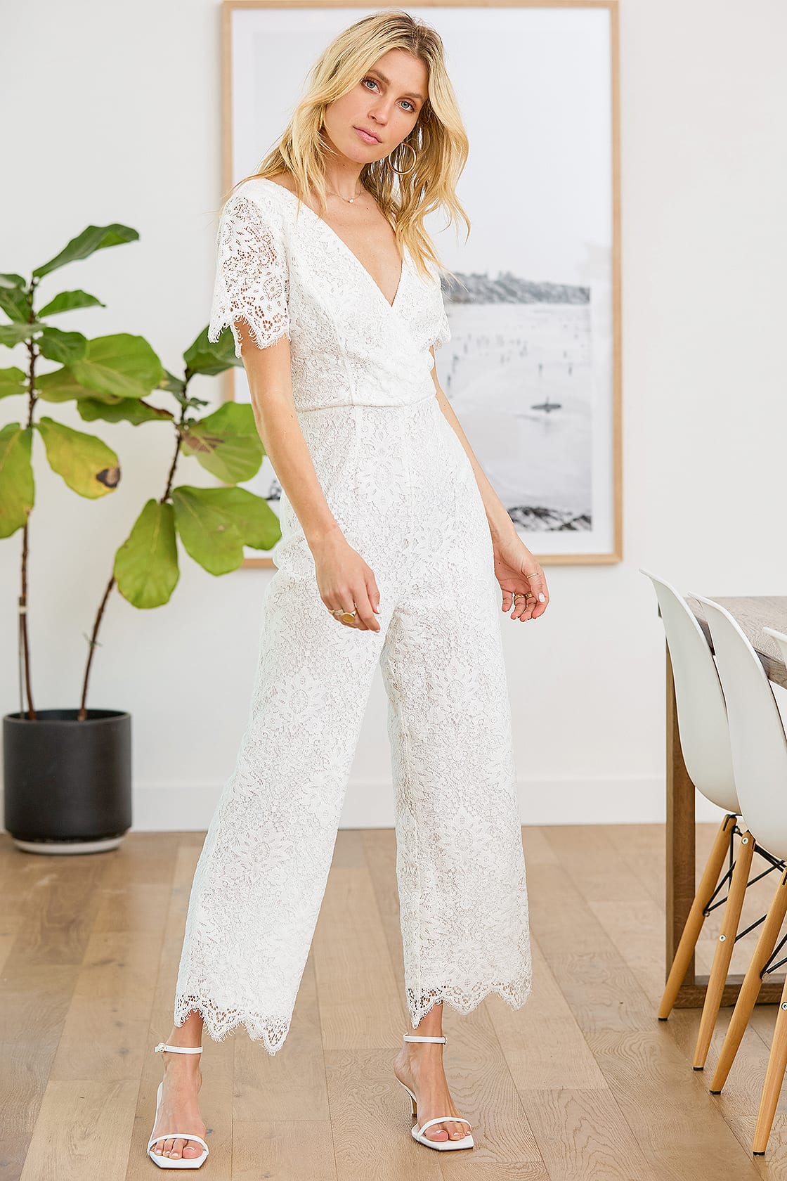 White Lace Jumpsuit - Surplice Jumpsuit - Wide-Leg Jumpsuit - Lulus