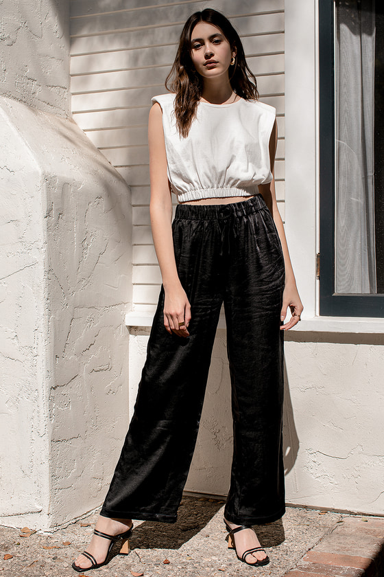 Leo Black Satin High-Waisted Wide-Leg Trouser Pants