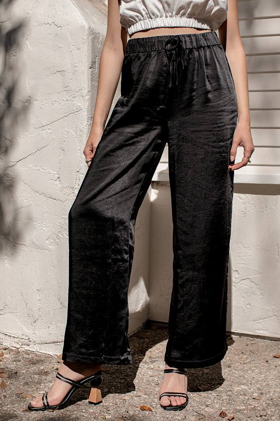 Leo Black Satin High-Waisted Wide-Leg Trouser Pants 6
