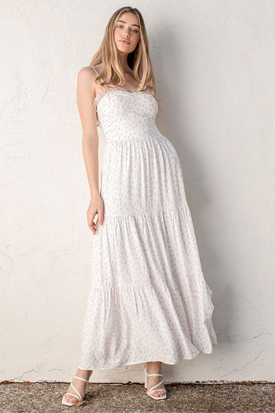 Cream Floral Print Maxi Dress