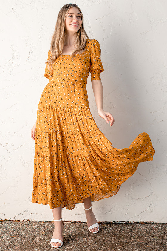 Mustard Floral Print Dress - Cutout Maxi Dress - Tiered Dress - Lulus
