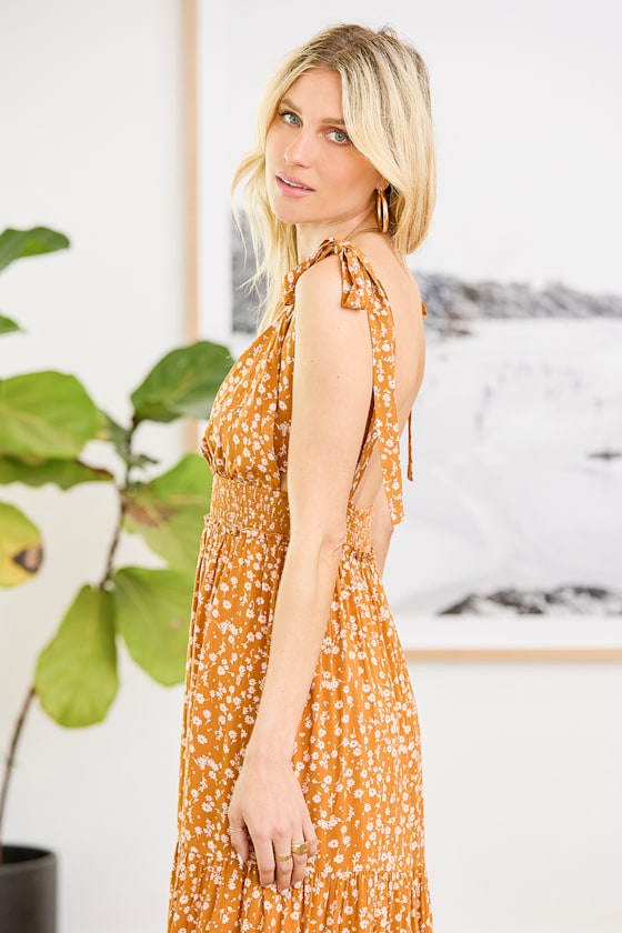 My Heart Goes Golden Yellow Floral Print Tie-Strap Maxi Dress 4