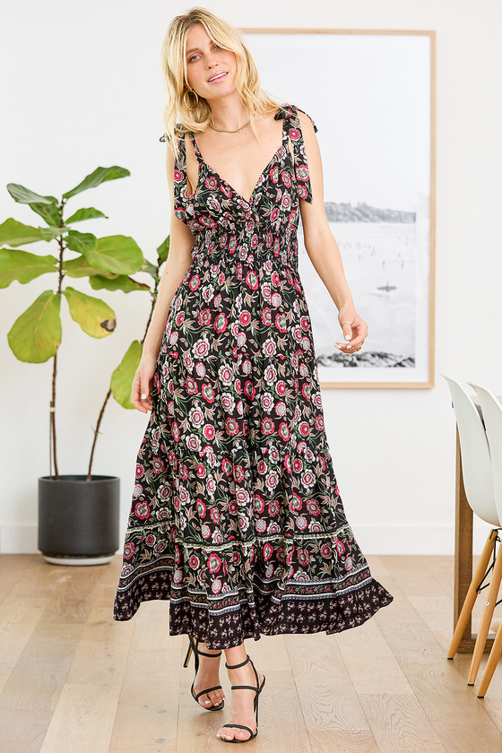 Black Tiered Dress - Floral Print Dress - Tie-Strap Maxi Dress - Lulus