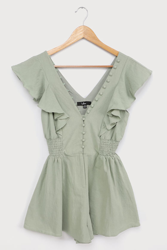 Making My Heart Flutter Sage Green Ruffled Button-Front Romper 5