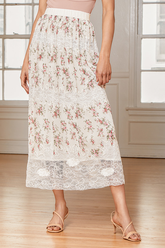 Ivory Floral Print Skirt - Beaded Lace Midi Skirt - Midi Skirt - Lulus