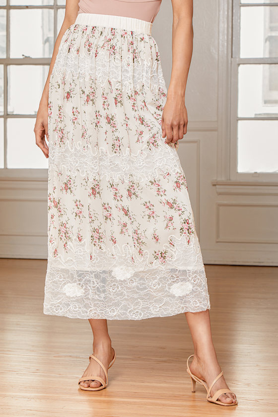 Simply Exquisite Ivory Floral Print Tiered Lace Midi Skirt 3