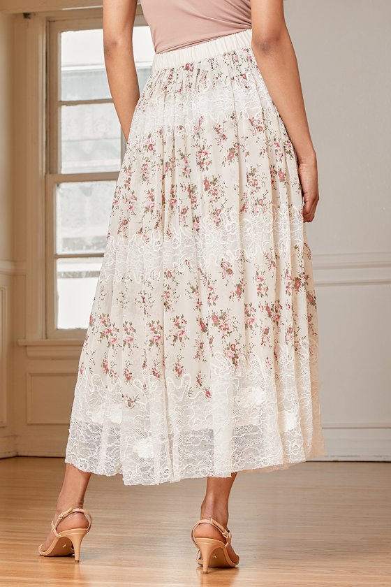 Simply Exquisite Ivory Floral Print Tiered Lace Midi Skirt 2