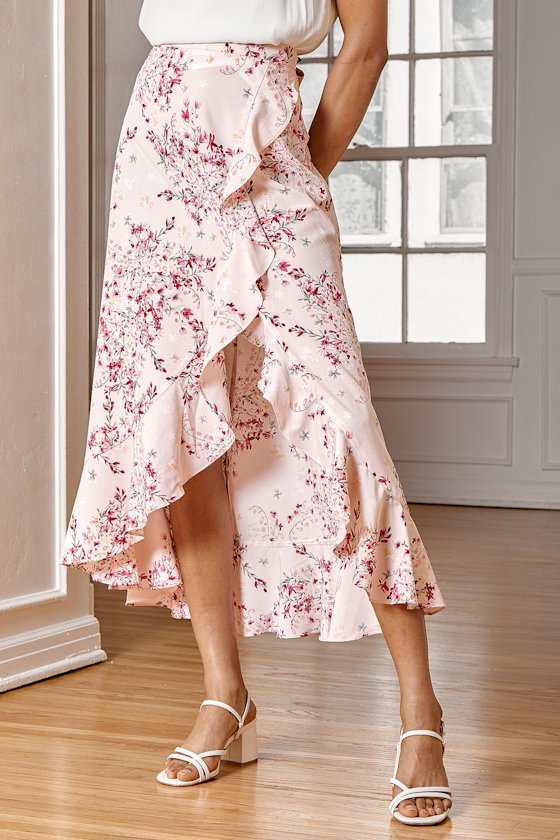 Romance is Blooming Blush Pink Floral Print Ruffled Midi Skirt 1