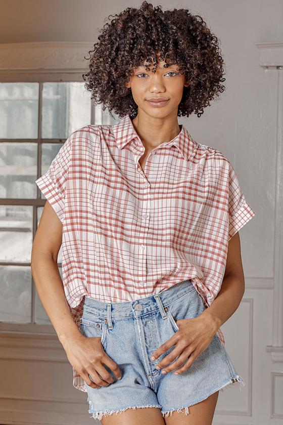 Red and White Blouse Gingham Top ButtonUp Top Women