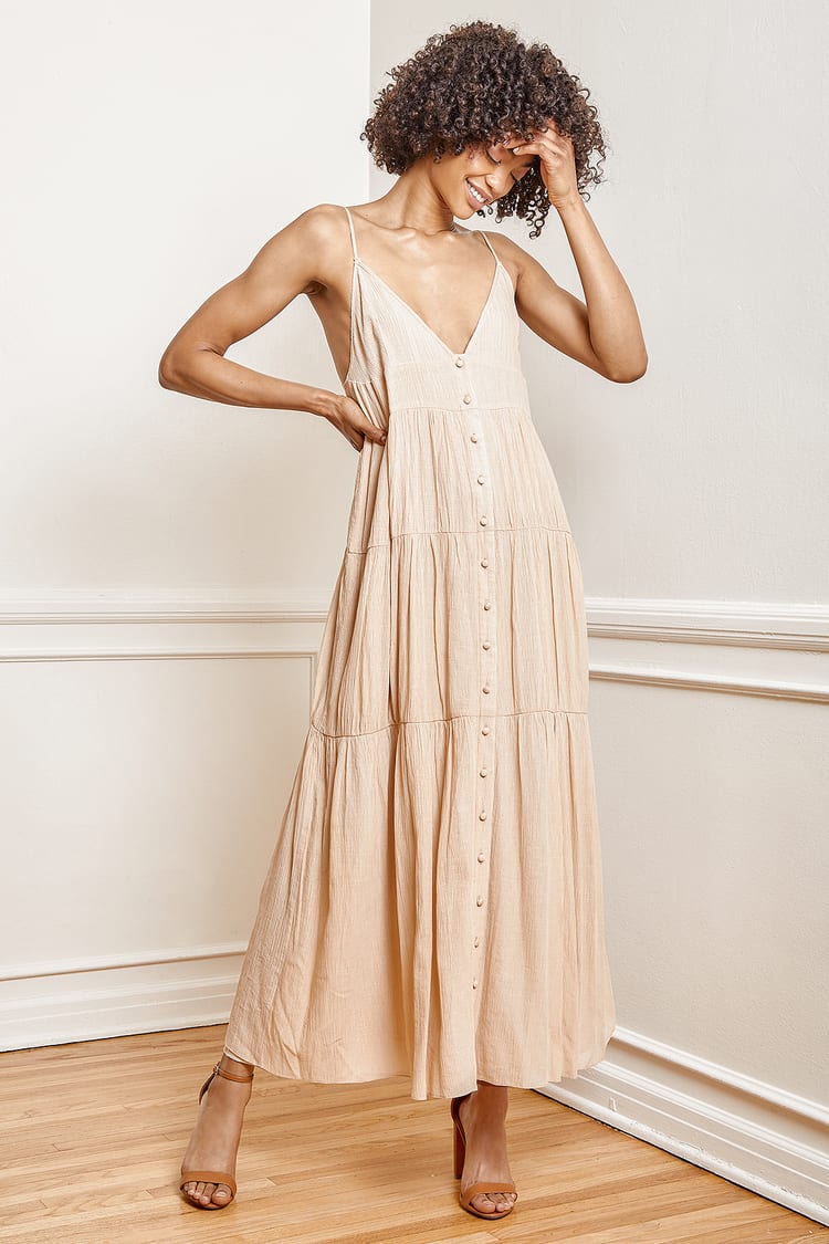 Tan Maxi Dress - Button-Front Maxi Dress - Tiered Maxi Dress - Lulus