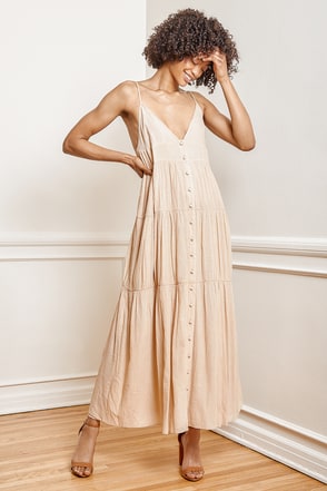 Tan Tiered - Lulus Maxi Maxi Dress Button-Front - - Dress Dress Maxi