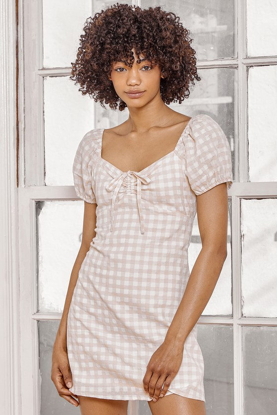Love Sweetly Beige Gingham Puff Sleeve Mini Dress