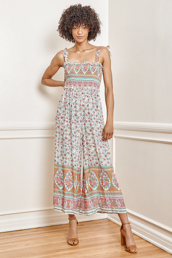 Cream Floral Print Jumpsuit Culotte Jumpsuit Smocked Jumpsuit Lulus