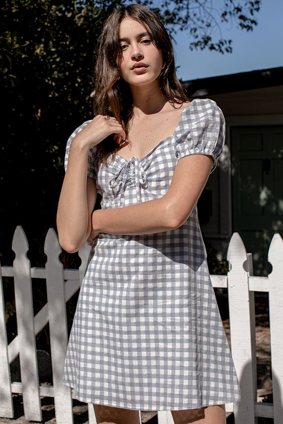 Love Sweetly Grey Gingham Puff Sleeve Mini Dress 3