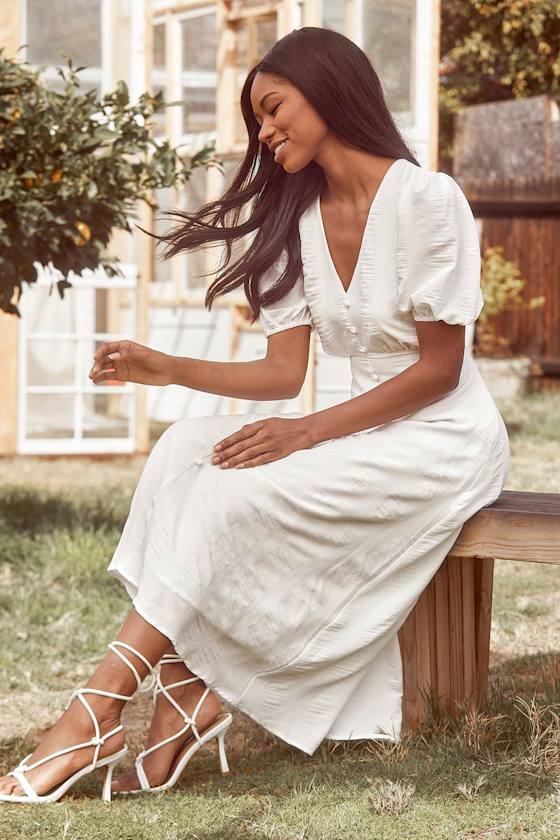 Wonderful Whims White Puff Sleeve Button Front Midi Dress 2