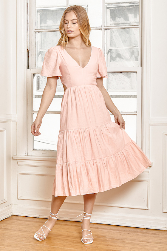 Tied With Love Light Pink Tiered Tie-Back Midi Dress 7