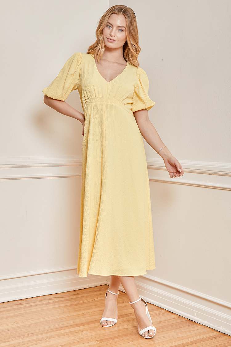 Light Yellow Dress - Crinkle Midi Dress - Puff Sleeve Dress - Lulus