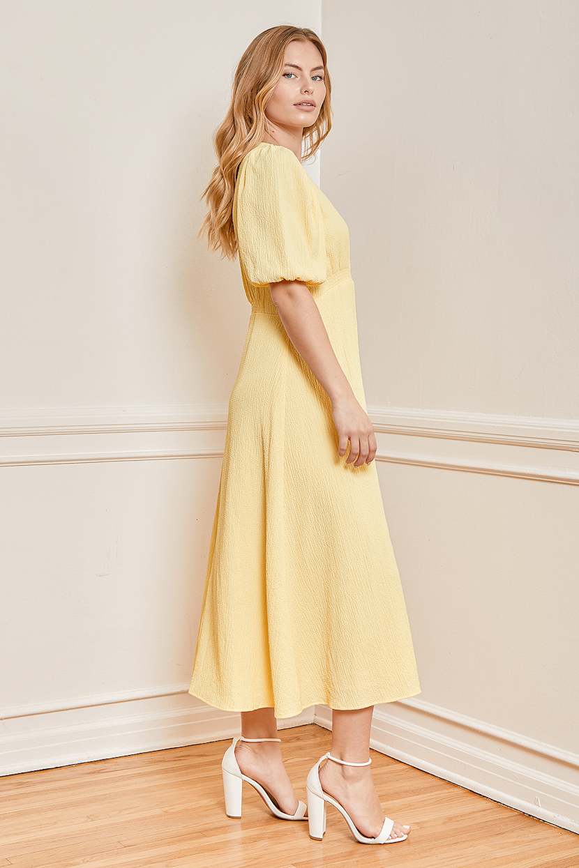 knee length dresses for ladies Everbloom Puff Sleeve Midi Dress in Yellow | Occasion Dress in Sizes XXS–6X