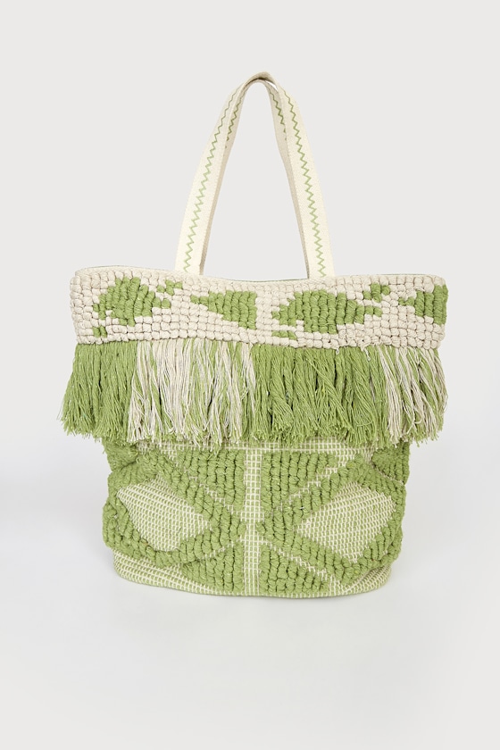 Just Beachy Green and Beige Fringe Tote Bag 2