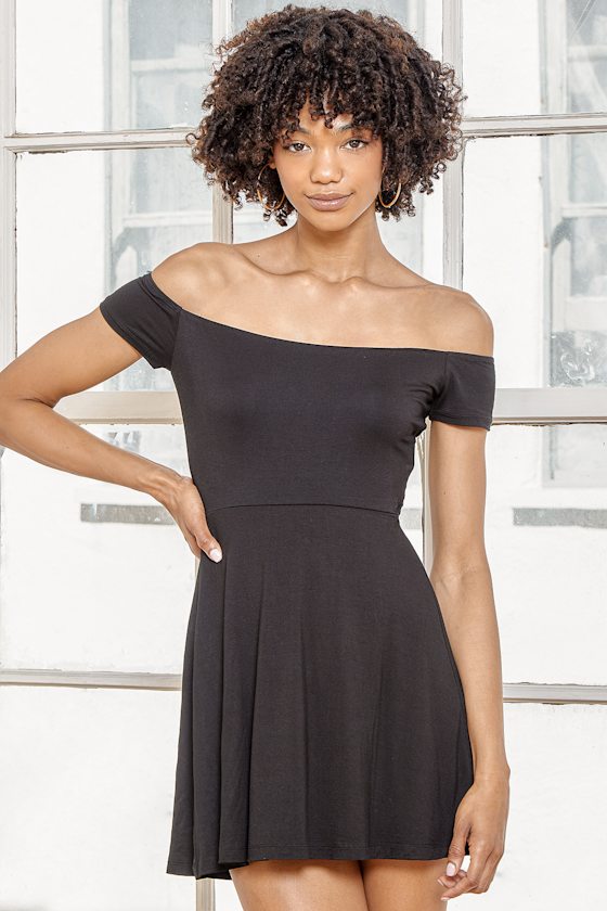 off the shoulder black tie dress