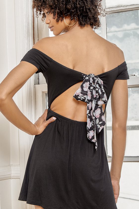 off the shoulder black tie dress
