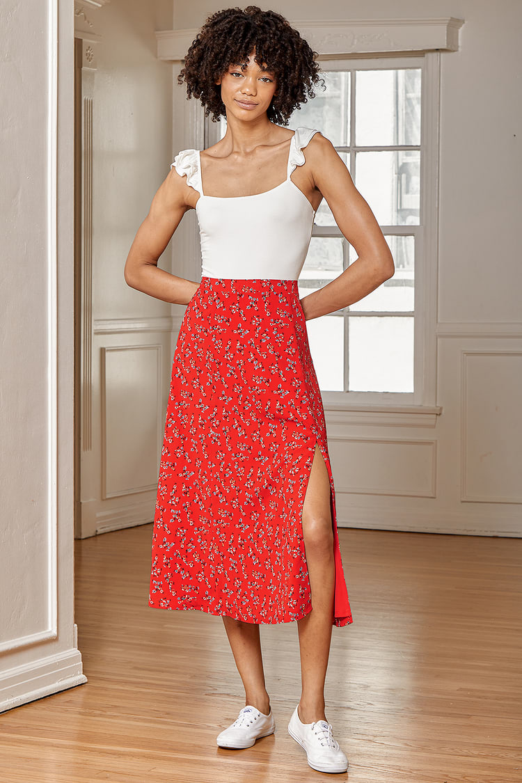 Bliss Me Red Floral Print Midi Skirt