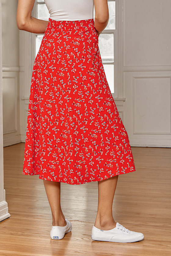 Red Floral Print Skirt - Red Midi Skirt - A-Line Midi Skirt