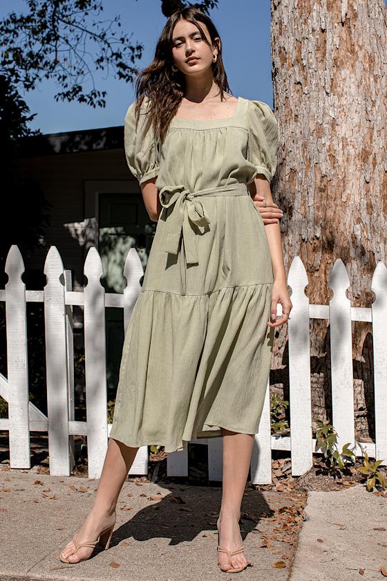 Sage Green Midi Dress - Tiered Midi Dress - Puff Sleeve Dress - Lulus