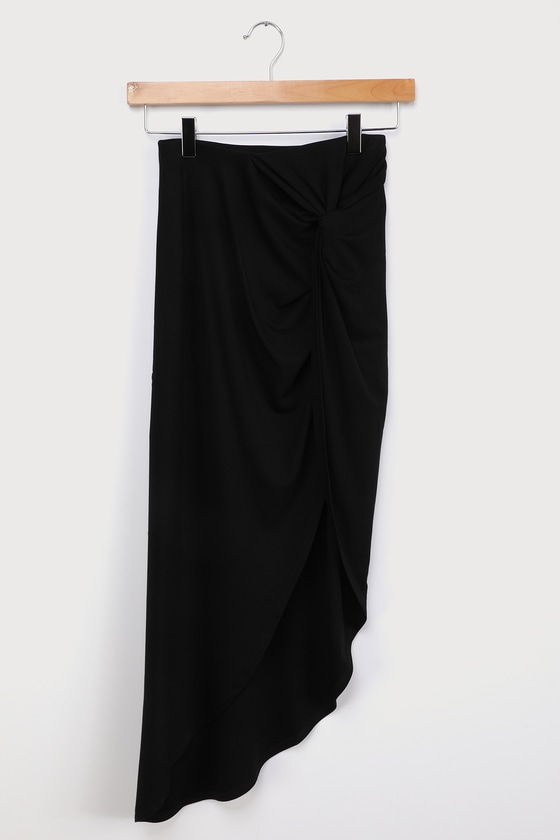 Put a Spin On It Black Twist-Front High-Low Midi Skirt - sizes XS
