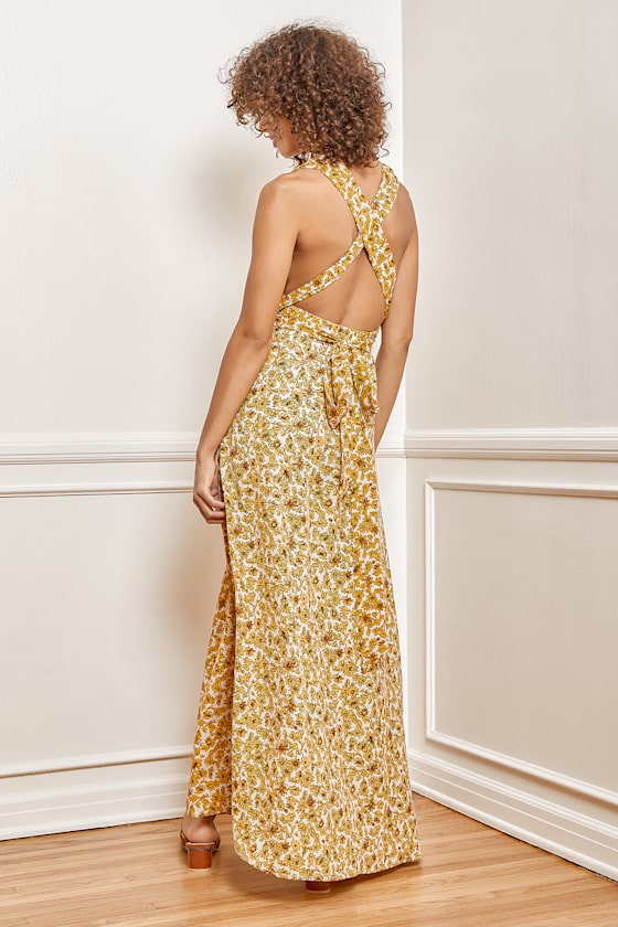 Mustard Yellow Floral Dress Convertible Dress Maxi Dress Lulus
