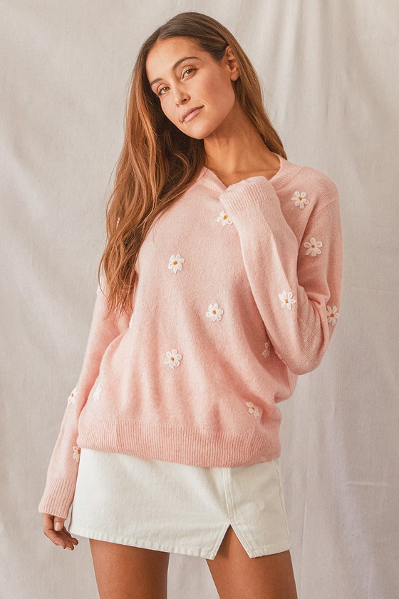 New Women Ladies Pink Floral Embroidery Pearl  Knitted Jumper Knitwear Top 