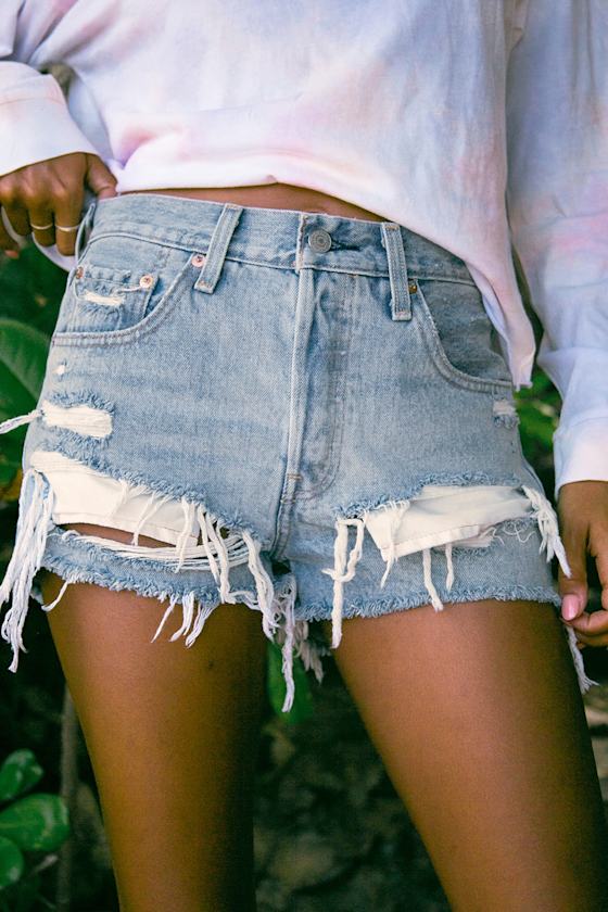 501 Medium Wash High-Rise Distressed Denim Shorts 9