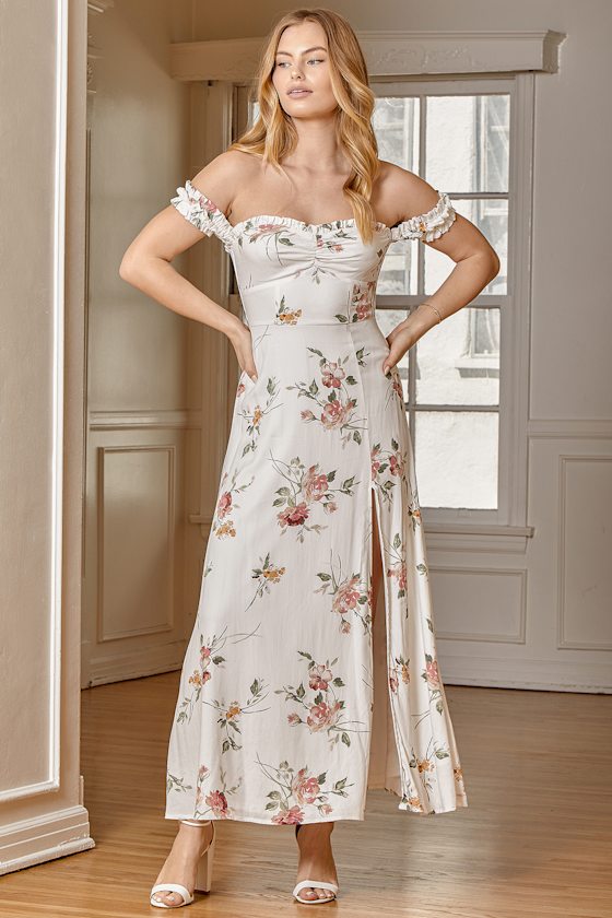 Capture a Heart White Floral Print Off-the-Shoulder Maxi Dress 1