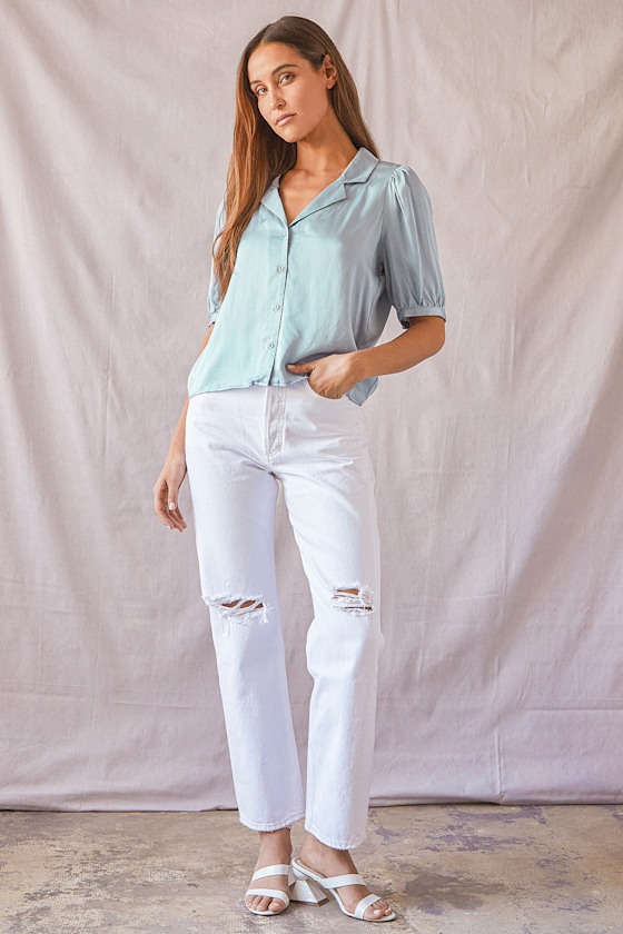 Sweet and Chic Dusty Blue Satin Button-Up Short Sleeve Top 4