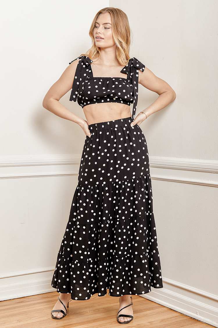 lulus black polka dot dress Lulus Renee Scoop Back Darted Hip Midi Dress in Black M