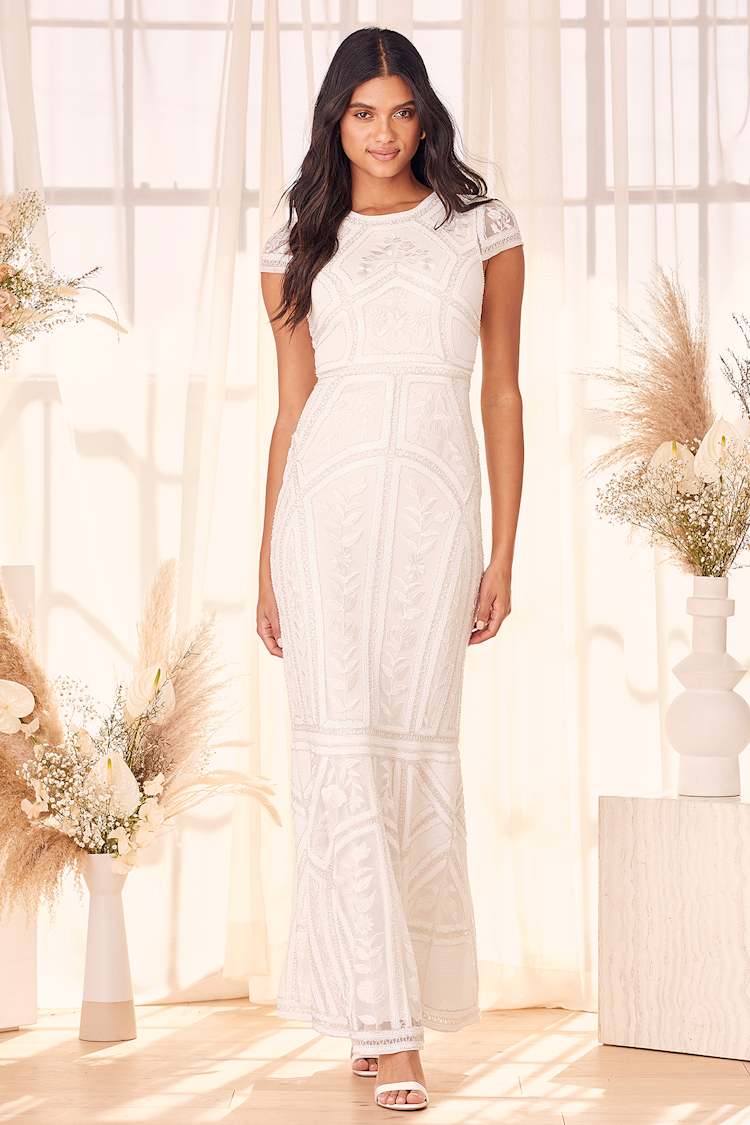White Sequin Gown - Mermaid Maxi Dress - Beaded Maxi Dress - Lulus