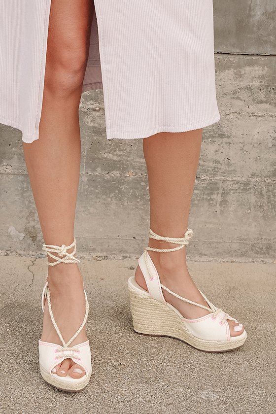 Brynda Light Nude Leather Lace-Up Espadrille Wedges 5