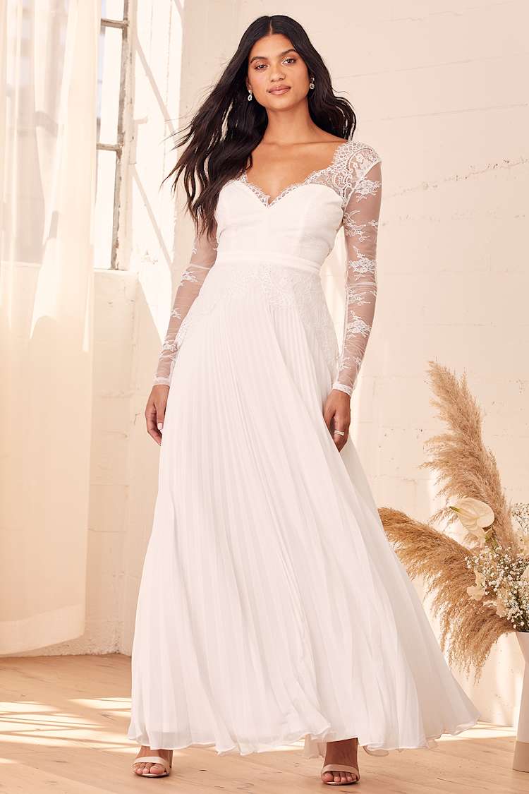 chinese dress ladies Reine White Pleated Maxi Dress with Lace Panels, S / White main image 0