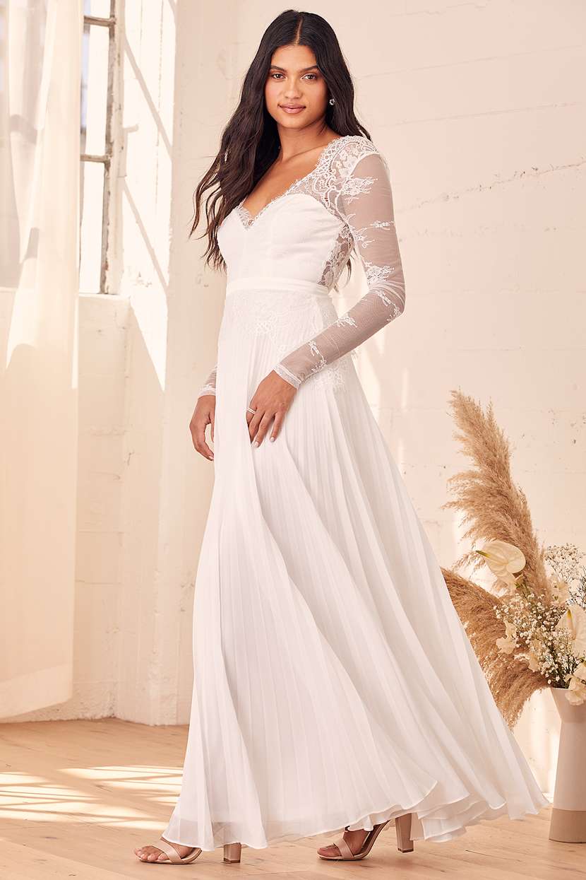chinese dress ladies Emme Long Sleeve V-Back Lace Dress White– Selfie Leslie main image 0