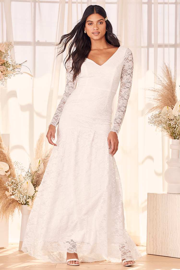 Make it Last Forever White Lace Long Sleeve Mermaid Maxi Dress